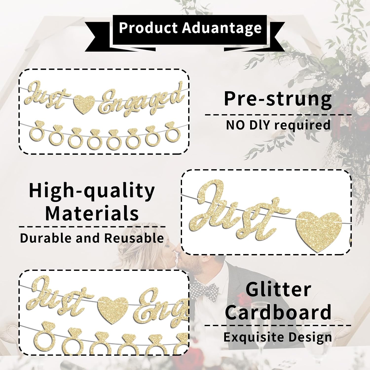 Just Engaged Banner, No DIY, Glitter Champagne Gold Engagement Party Decorations and Diamond Ring Banner Sign for Bridal Shower Wedding Shower Bachelorette Party Decorations.