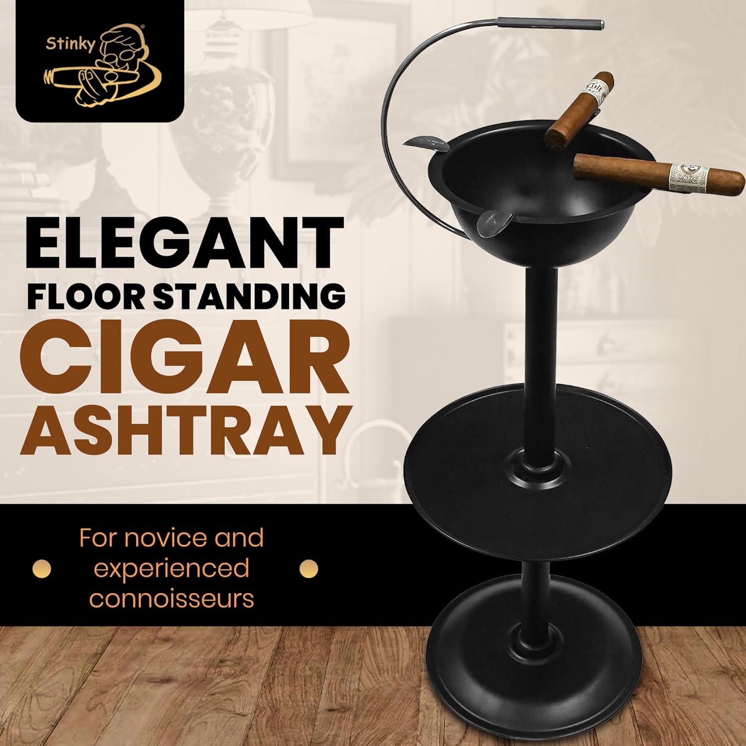 Stinky Cigar Floor Ashtray with Accessory Tray and Carry Handle, Windproof, 24-inch Tall, 4 Stirrups, Elegant Cigar Ashtray for Home - Removable Deep Bowl, Heat Resistant and Easy to Clean - Black