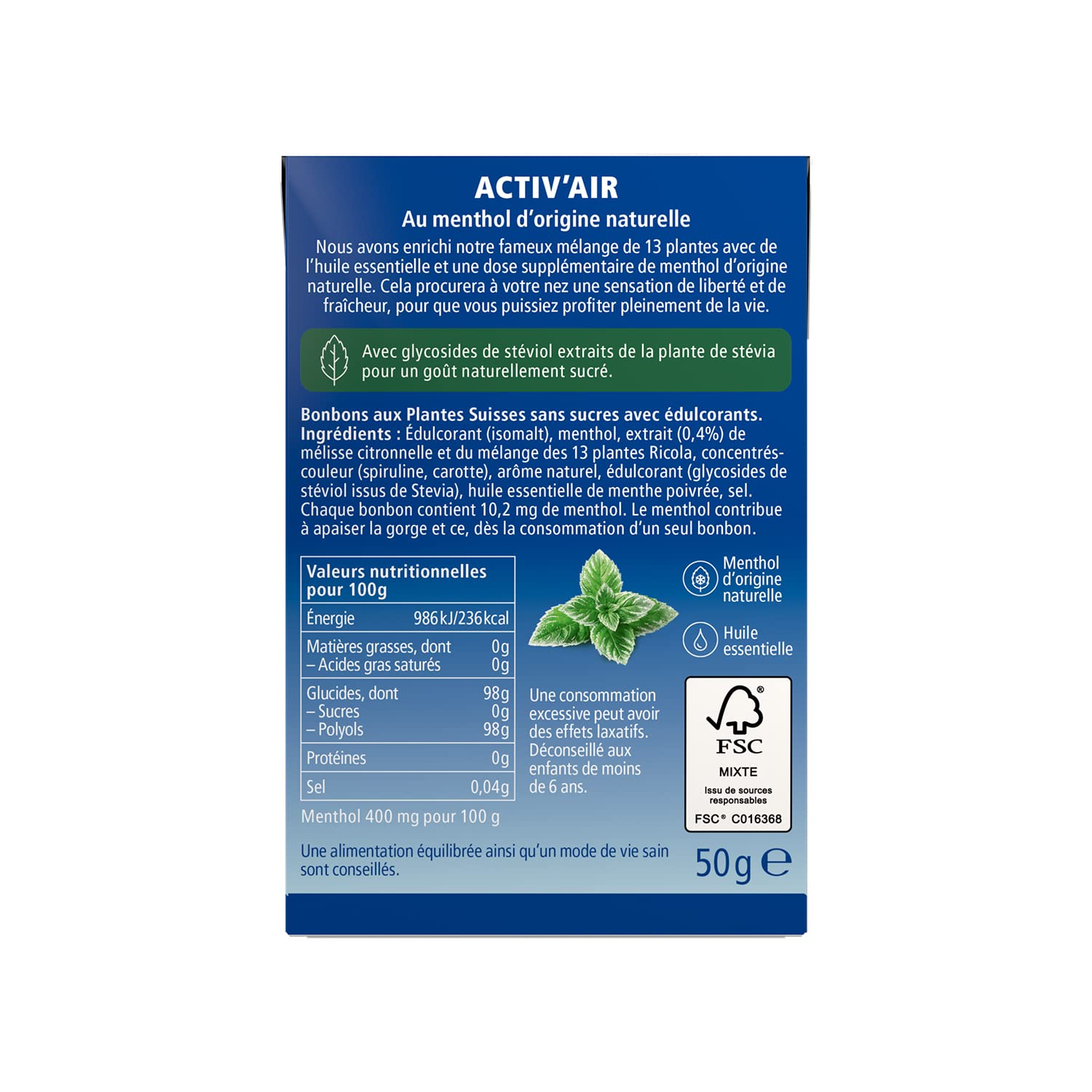 Ricola - Caramelos con plantas suizas – Aroma Activ'Air Mentol Intense – Sin azúcar – 20 paquetes de 50 g
