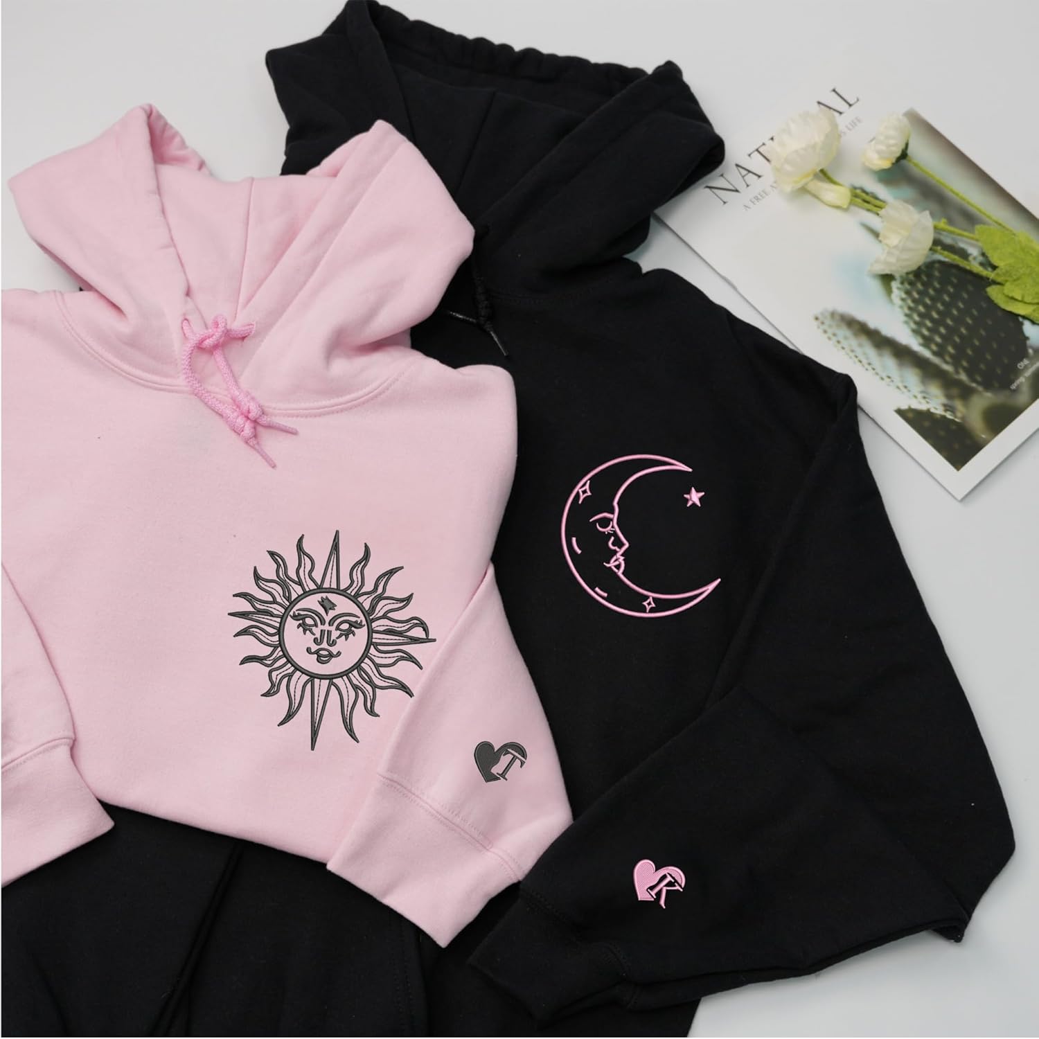 Custom Matching Couple Hoodie Set Embroidered Sun and Moon Design – Gift for Anniversary Valentine Birthday - Image 5