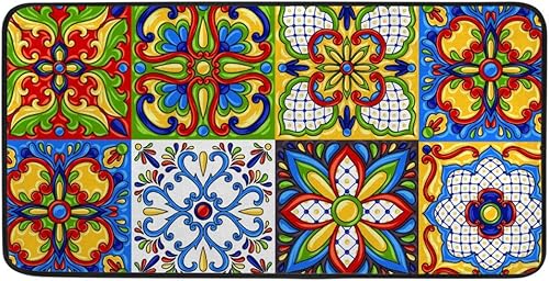 Kuizee Alfombra de cocina con bloque de talavera mexicana, adorno étnico folclórico, mayólica, colorido, alfombra de baño, alfombra de entrada,
