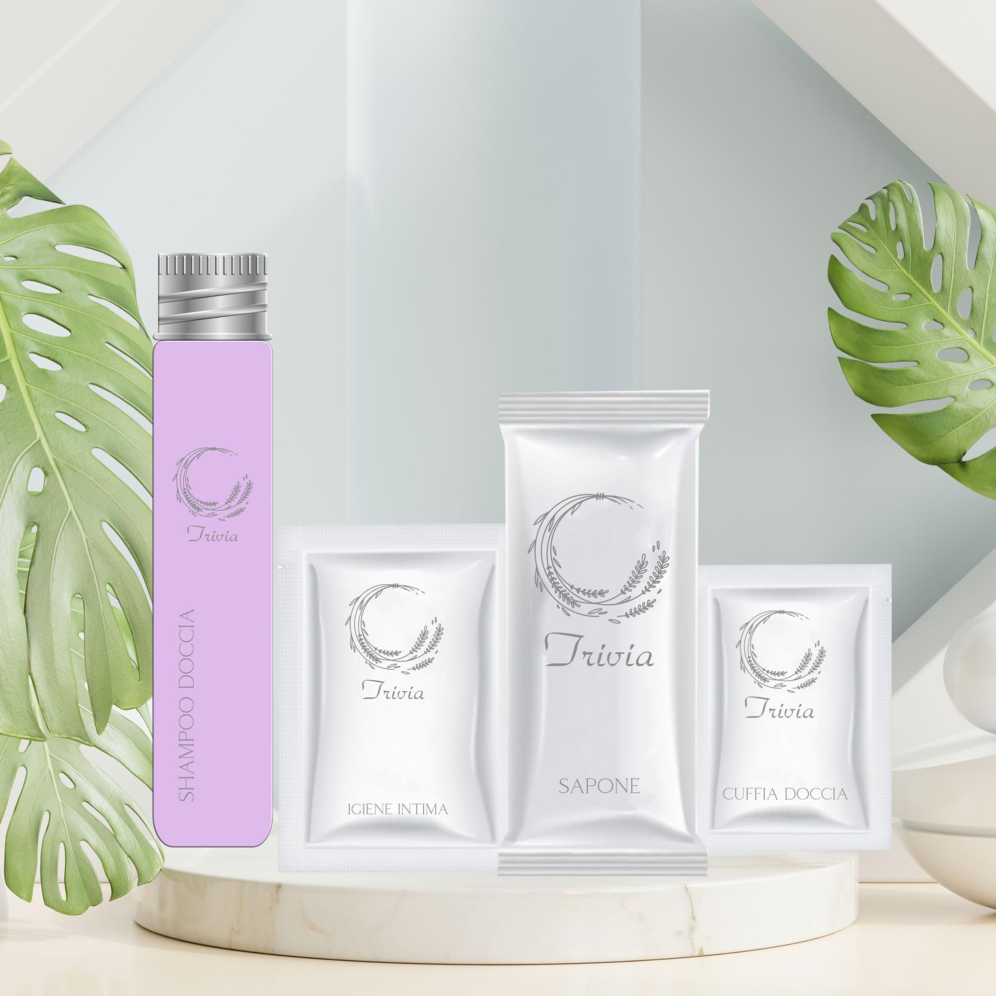 Kit Cortesia B&B Hotel Bagno Monouso 175 pezzi: 50x Shampoo Doccia Flacone 30ml 50x Igiene Intima Bustina 10ml 50x Sapone Rettangolare 25x Cuffie Doccia per Set Cortesia Bagno B&B Hotel Albergo