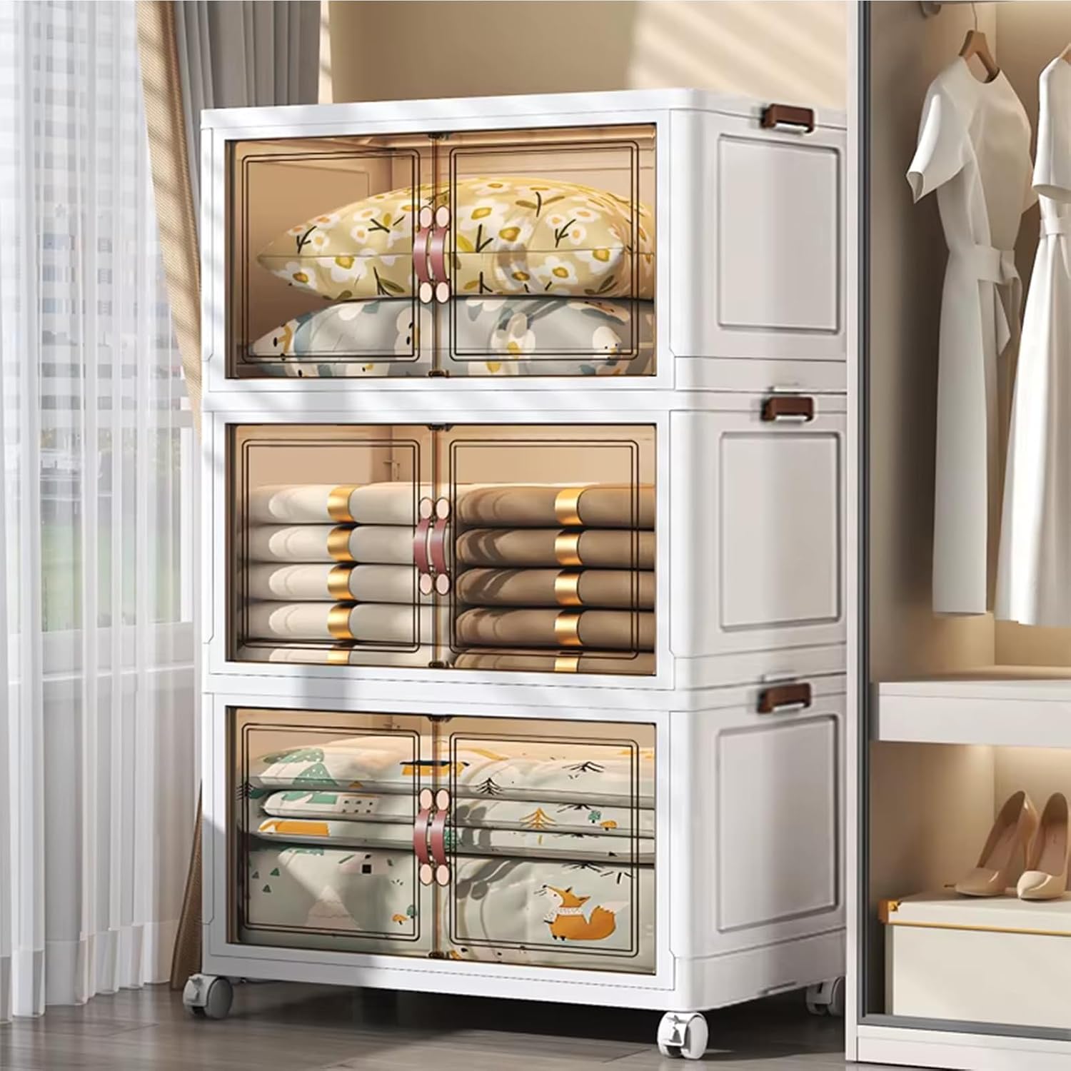 Foldable Storage Box with lid, Nightstand,Makeup Storage Cabinet,PP Material Wardrobe Organizer and Pantry, Dual-use Storage for Home and Office