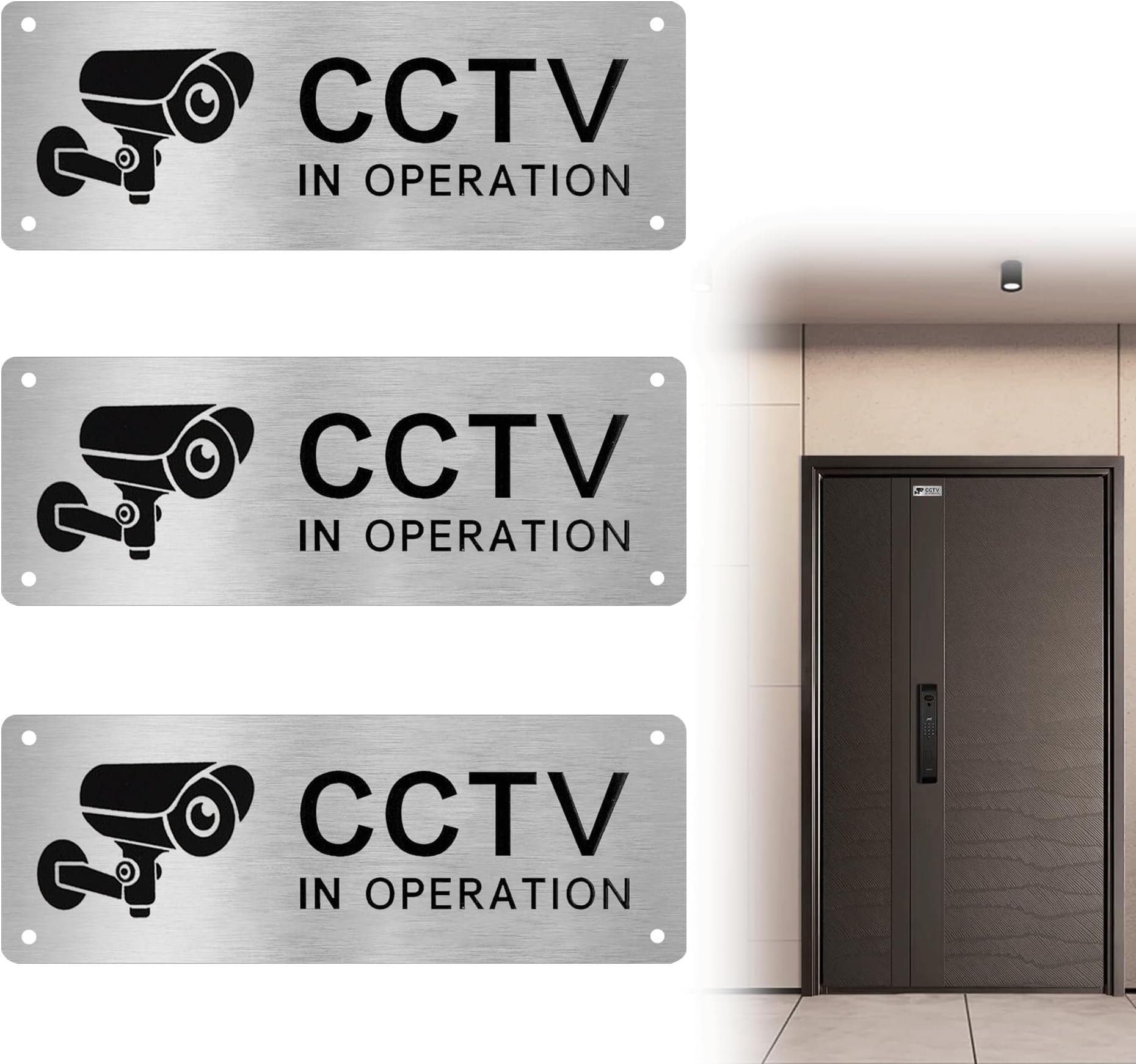 MEKEET 3PCS CCTV Sign 5x15cm CCTV in Operation Sign Aluminum CCTV Sticker CCTV Signage with Self-Adhesive and Pre-Drilled Holes CCTV Stickers for Windows for House and Business Indoor or Outdoor Use