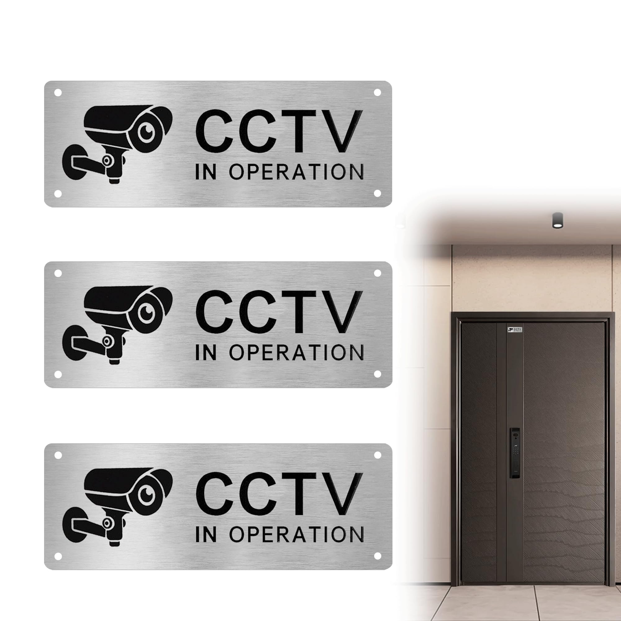 MEKEET 3PCS CCTV Sign 5x15cm CCTV in Operation Sign Aluminum CCTV Sticker CCTV Signage with Self-Adhesive and Pre-Drilled Holes CCTV Stickers for Windows for House and Business Indoor or Outdoor Use