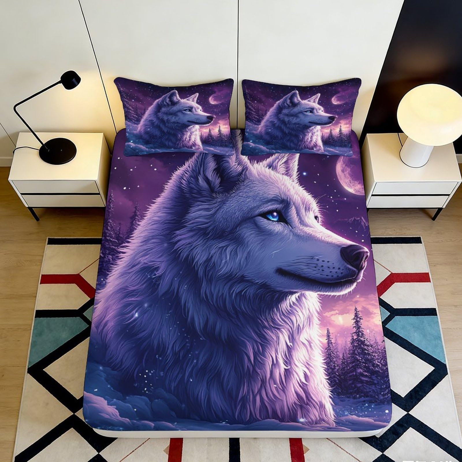 3D Printed Purple Wolf Fitted Sheet Microfiber Soft Breathable Night Sky Bed Cover for Bedroom Dormitory Guest Room Mattress Protection 140x200x25cm