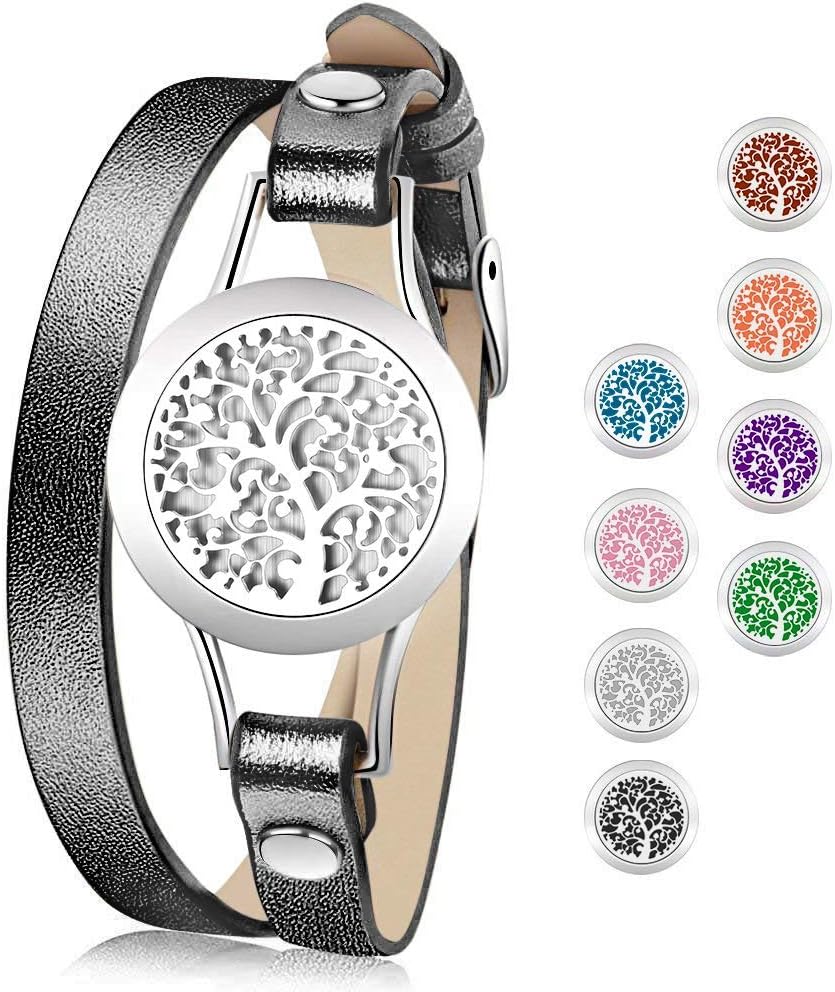Aromatherapy Bracelet, Romanda Essential Oils Diffuser Leather Band with 8 Color Felt Pads,Hypoallergenic Stainless Steel Locket for Girl and Women Valentine's Day Gifts (Double Circle Black)
