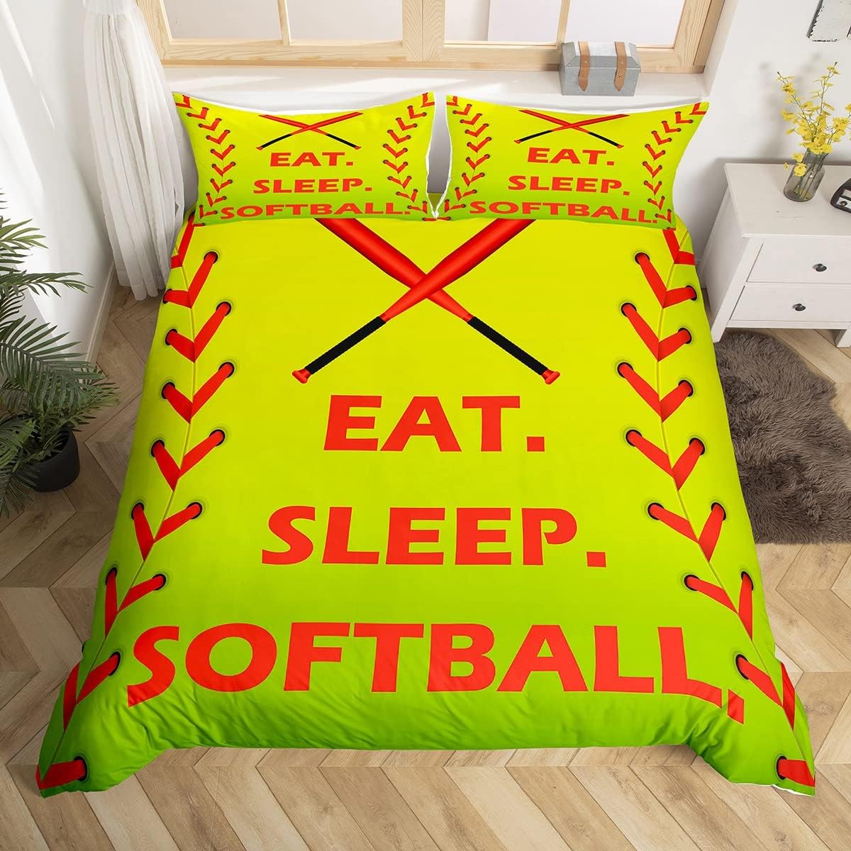 Eat Sleep Softball Bedding Set Yellow Softball Comforter Cover Softball Gaming Gaming Duvet Cover Sports Game Bedspread Cover Queen Size Bedding Collection 3Pcs Multi 08 Queen