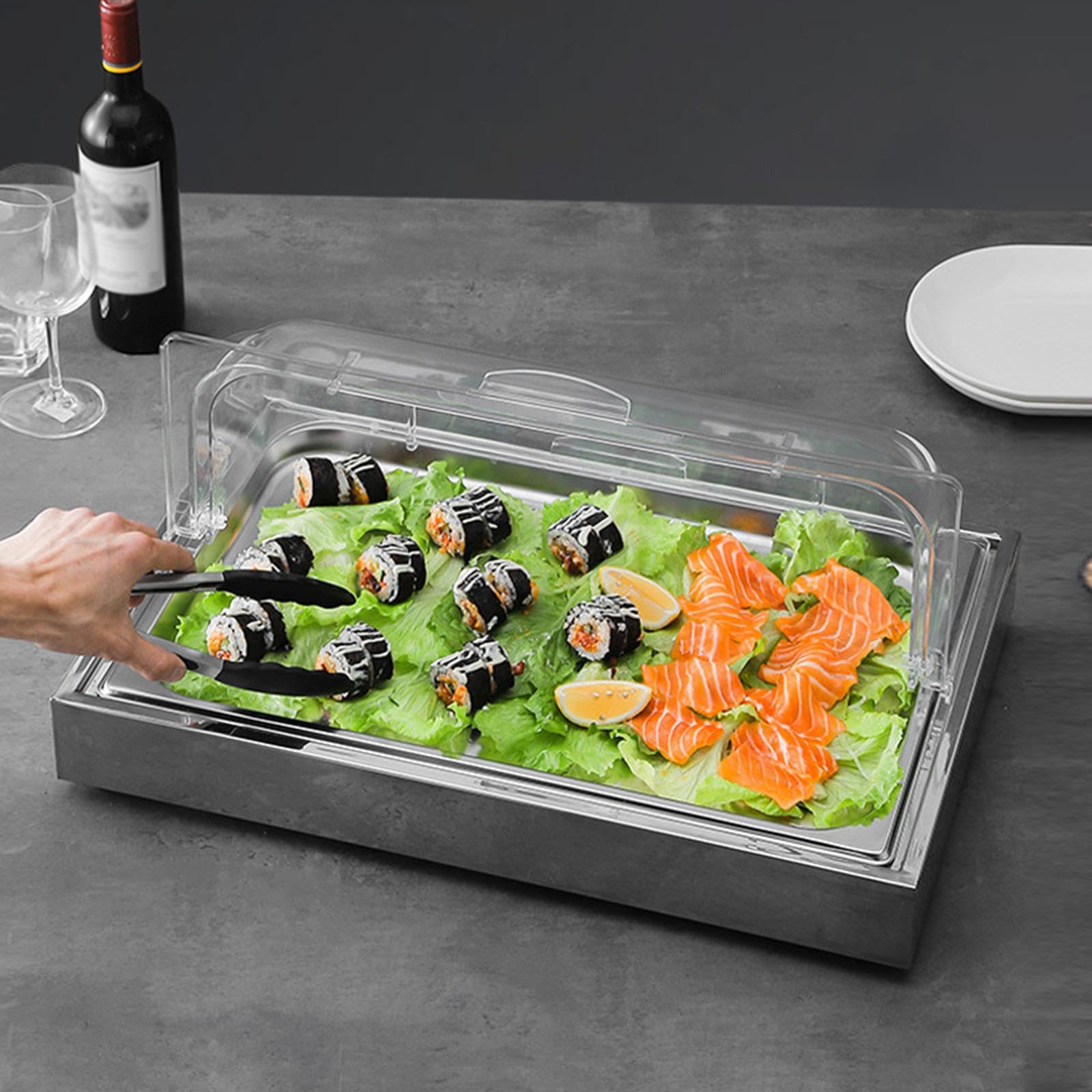 Bandeja de Servicio Frío con Tapa Abatible Placa de Exhibición para Fuente de Buffet Enfríadora Soporte de Presentación de Alimentos Acero, Plata
