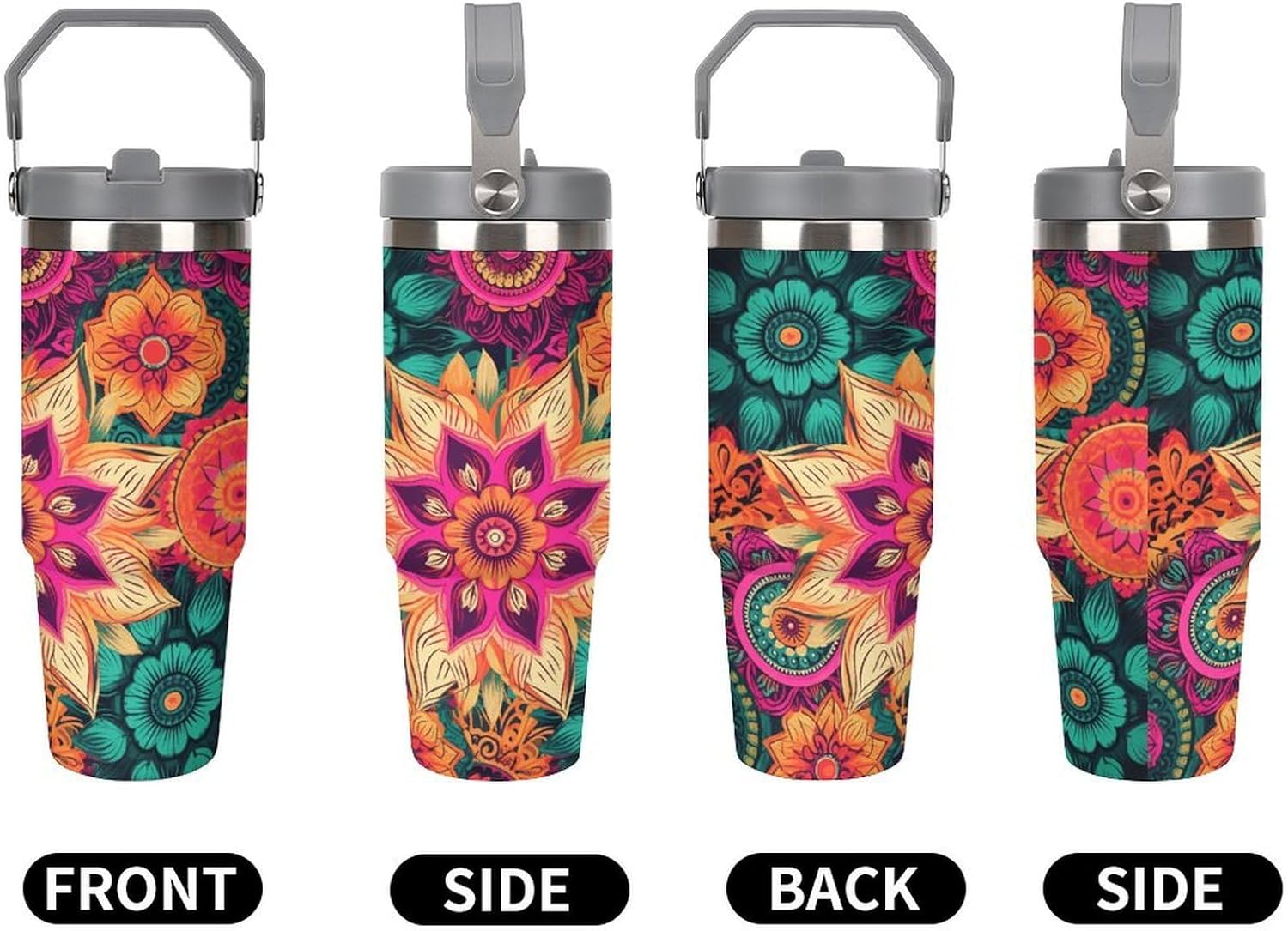 Boho Mandala Colorful Flowers Water Bottle 30 Oz Fits Car Cup Holder,Insulated Coffee Mug Large Capacity Car Cups,Stainless Steel Double Wall Sport Bottle for Travel Sports Gym