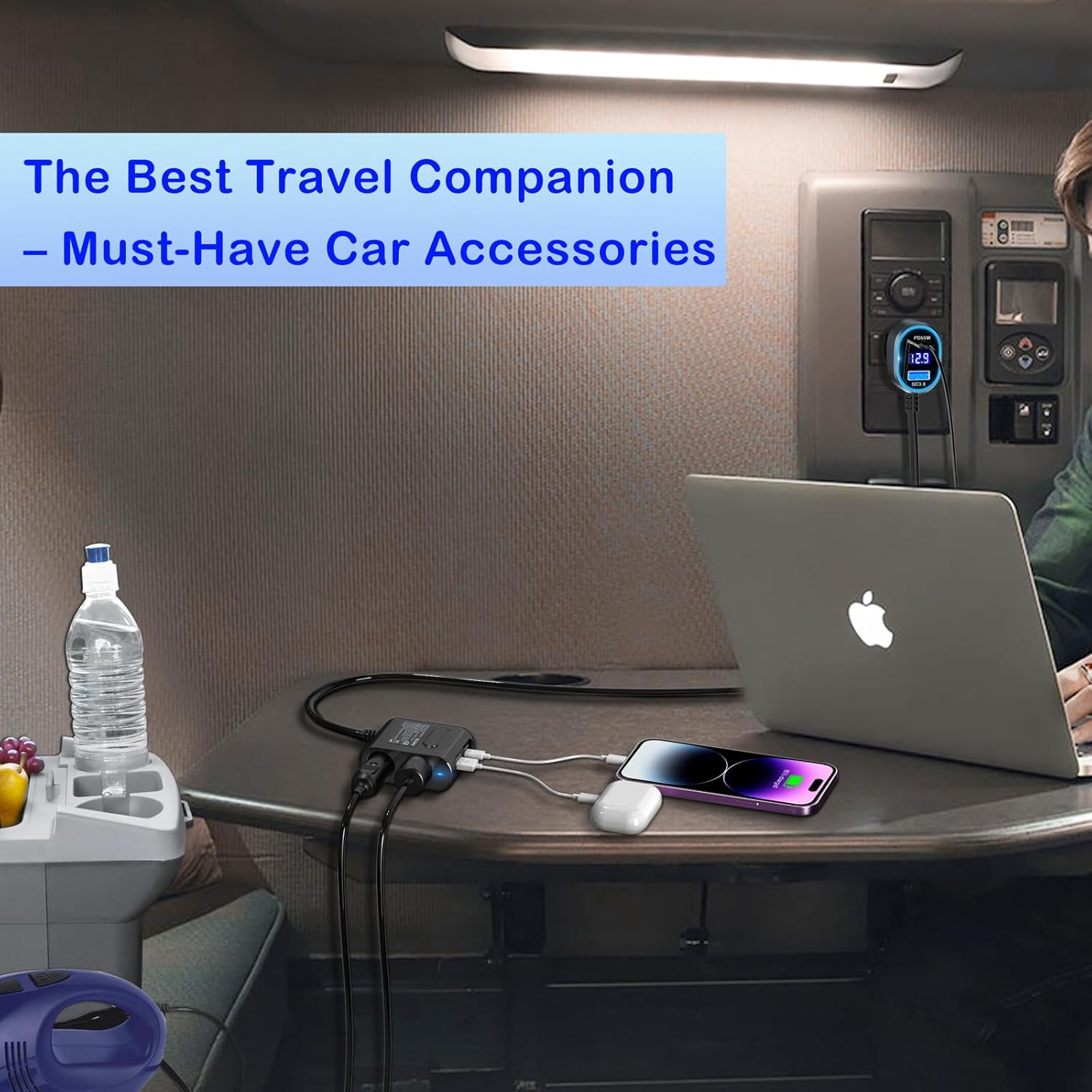 Cigarette Lighter Splitter 12V Plug 2-Socket with PD 65W Port, Car USB Charger Multi Port 300W 12V/24V Adapter with Voltage Display and 15A Fuse for All Car Devices, DC Outlet Car Accessories