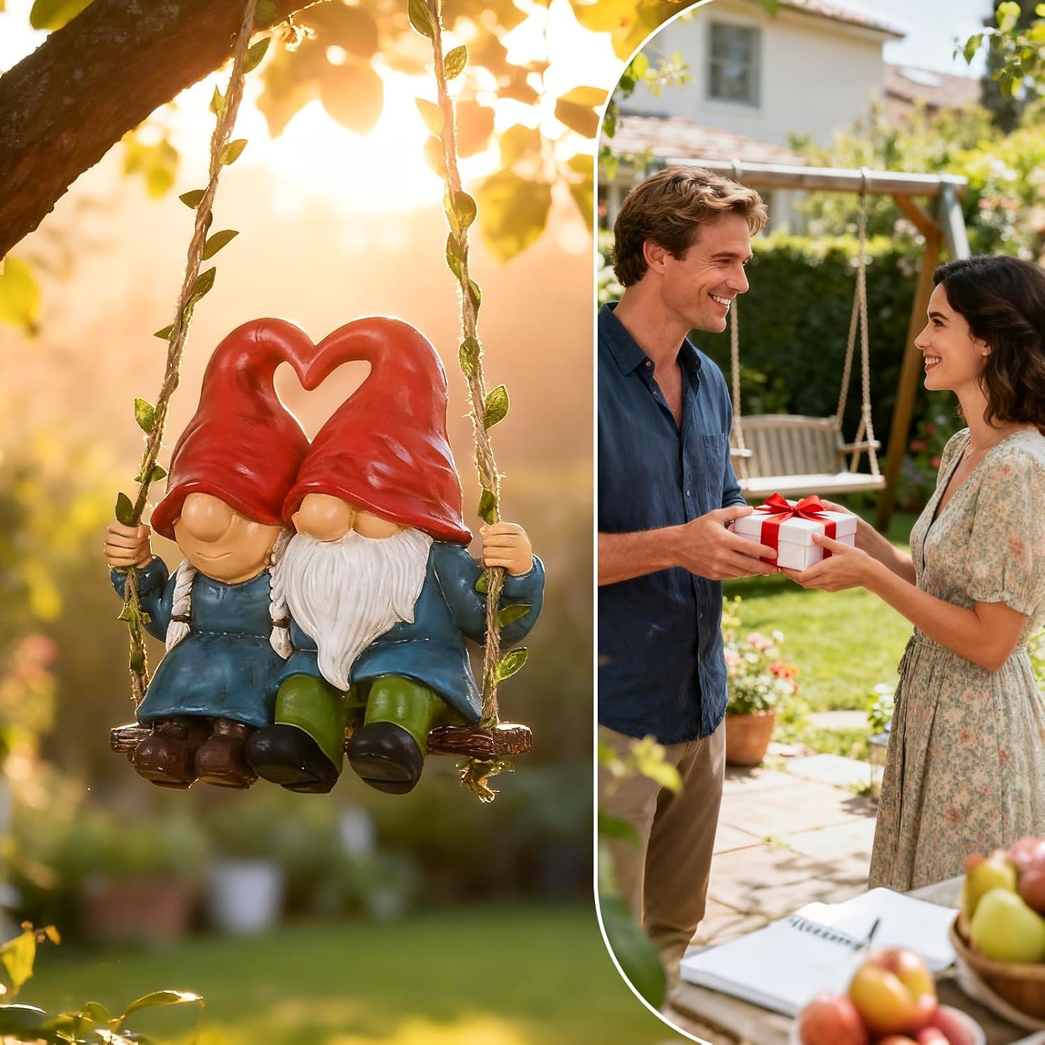 Heart Hat Gnome Couple Swing Hanging Statue - Indoor/Outdoor Funny Gnome Decor, Hanging Garden Ornament for Yard, Tree, Patio, Balcony, Living Room - Gnome Gift for Home Outdoor Decoration