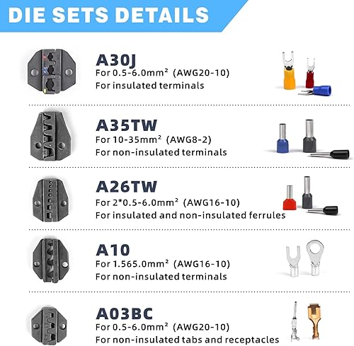 Miniatura 2 de Juego de herramientas de prensado de alambre de trinquete con 5 mandíbulas intercambiables, pelacables y cortador para terminales aislados y no