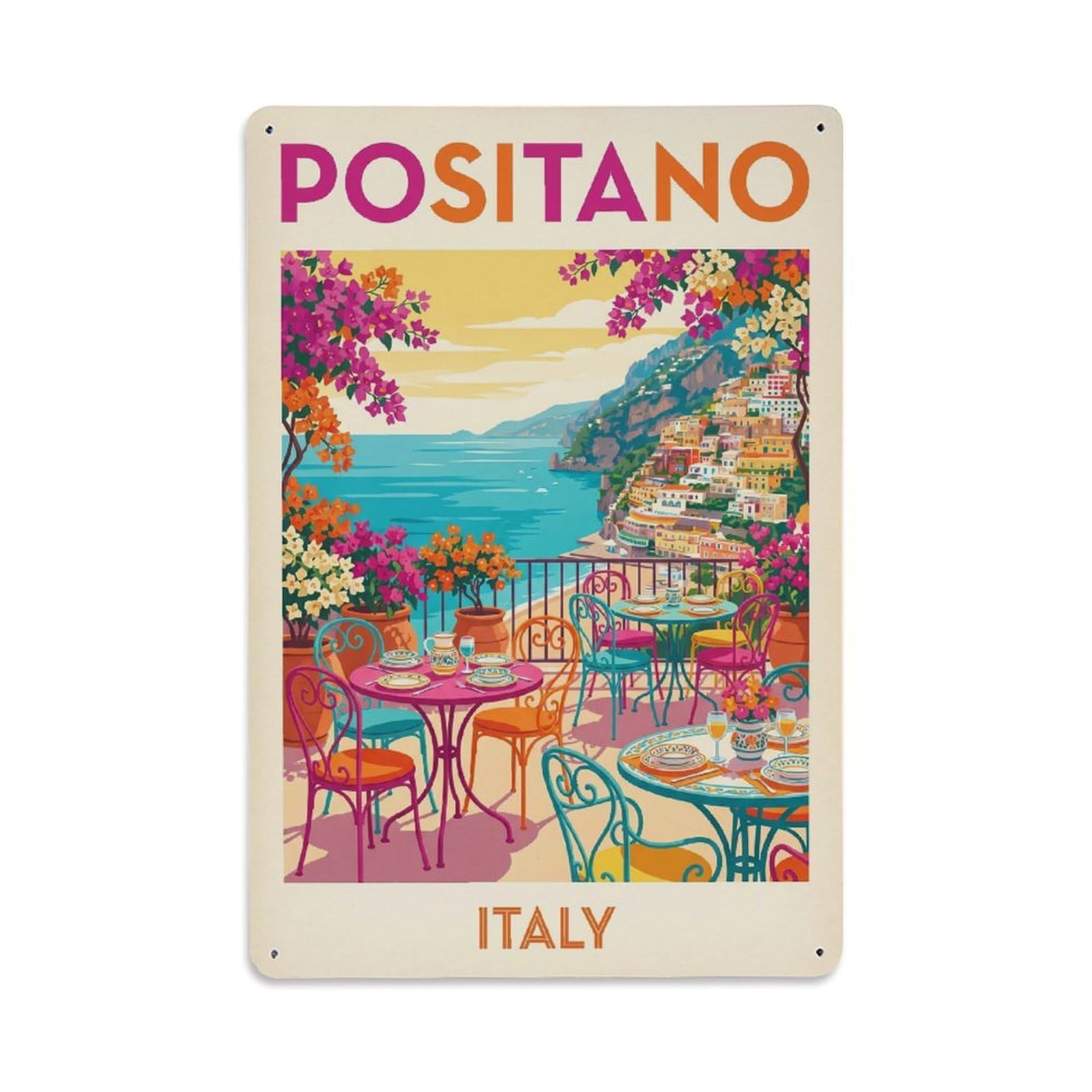Vintage Travel Positano Italy Adventurer Metal Tin Sign Plaque Wall Decor for Cafe, Club Bar, Office, Garden Metal Poster 8x12Inch