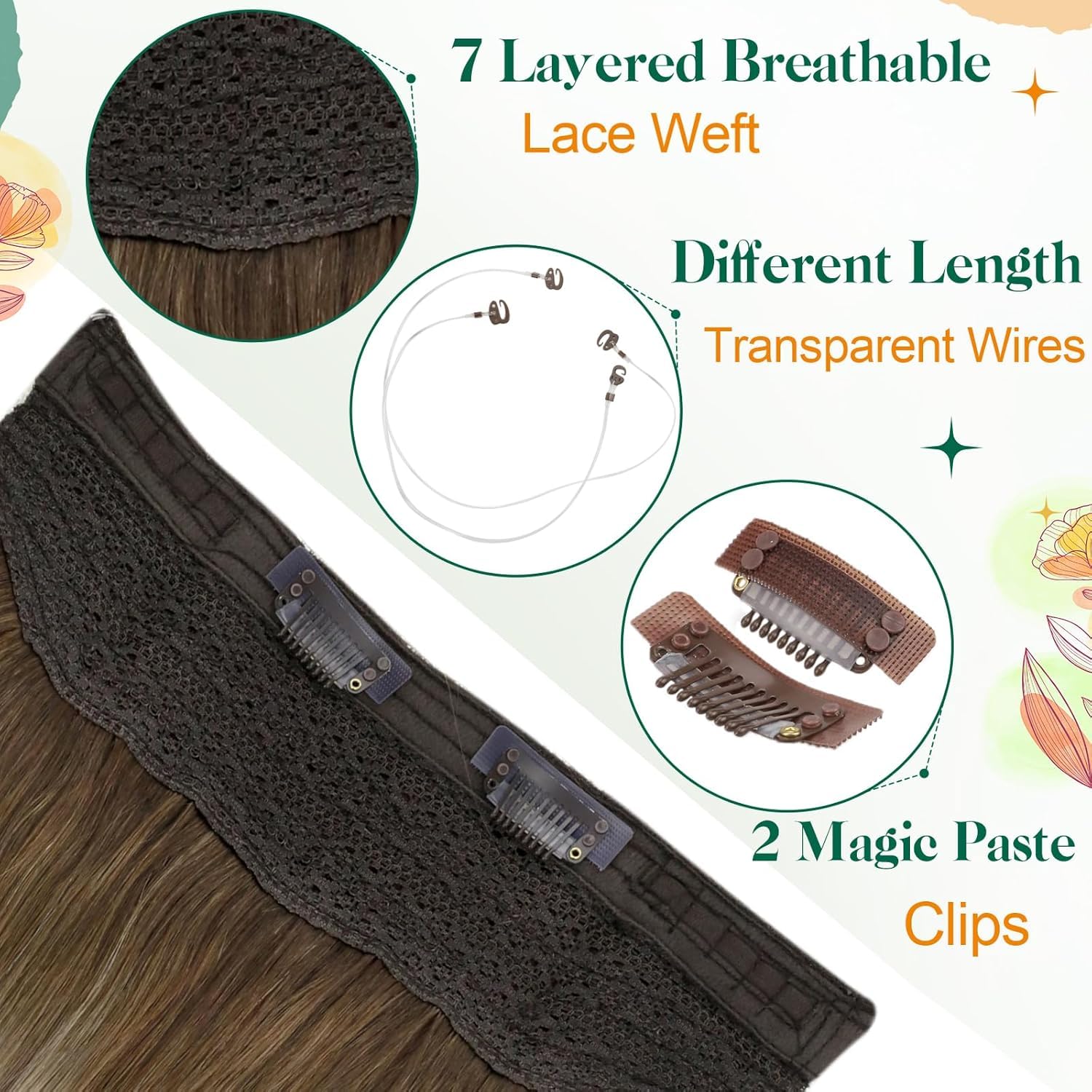 Easyouth Wire Extensions Human Hair Ombre Blonde Fish Line Hair Extension Real Human Hair Balayage Dark Brown to Light Brown with Blonde Secret Wire Hair Extensions Soft 16Inch 80g #3/8/22 - Image 3