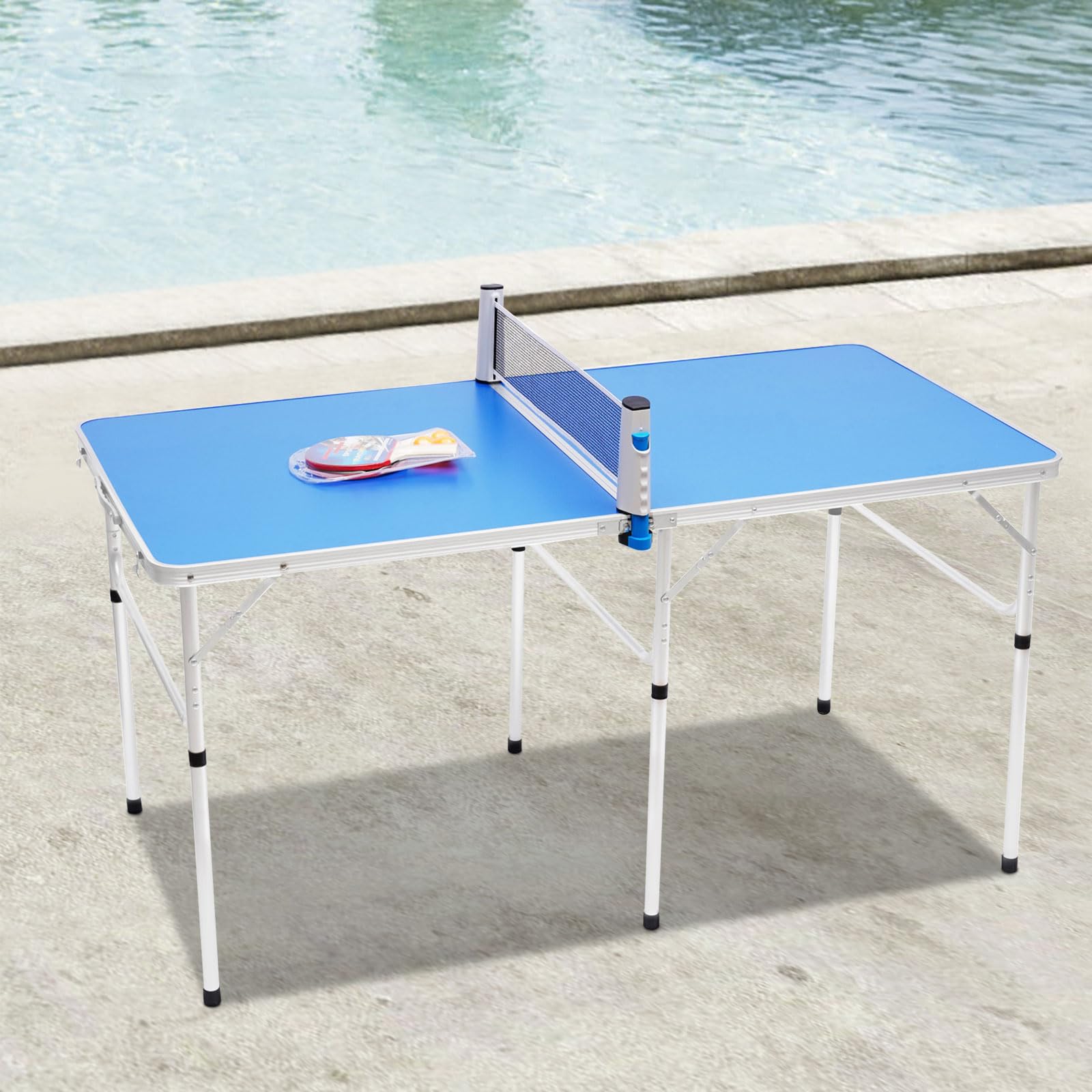 Tavolo da ping pong pieghevole, portatile, mini tavolo da ping pong, set di mini tavolo da ping pong, durevole – per interni ed esterni, a rete, palline, racchette, blu, 152 x 76 x 76 cm