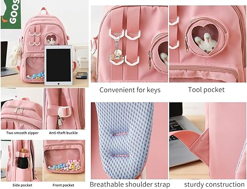 Miniatura 3 de Mochila Kawaii con bonitos accesorios de 15.6 pulgadas, bolsa de muñeca de oso estética, antirrobo, viaje, nuevo semestre, regalos, Rosado, Moderno