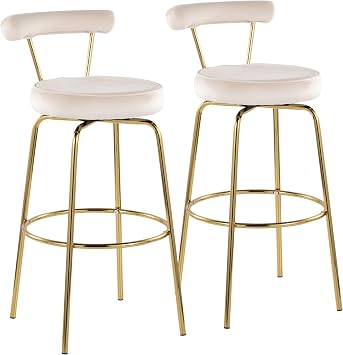 LumiSource Rhonda 30" Fixed-Height Barstool with Swivel in Gold Metal and Cream Velvet Set of 2, Glam Bar Stools Set of 2, Velvet Barstools for Kitchen Island, Modern Bar Stools