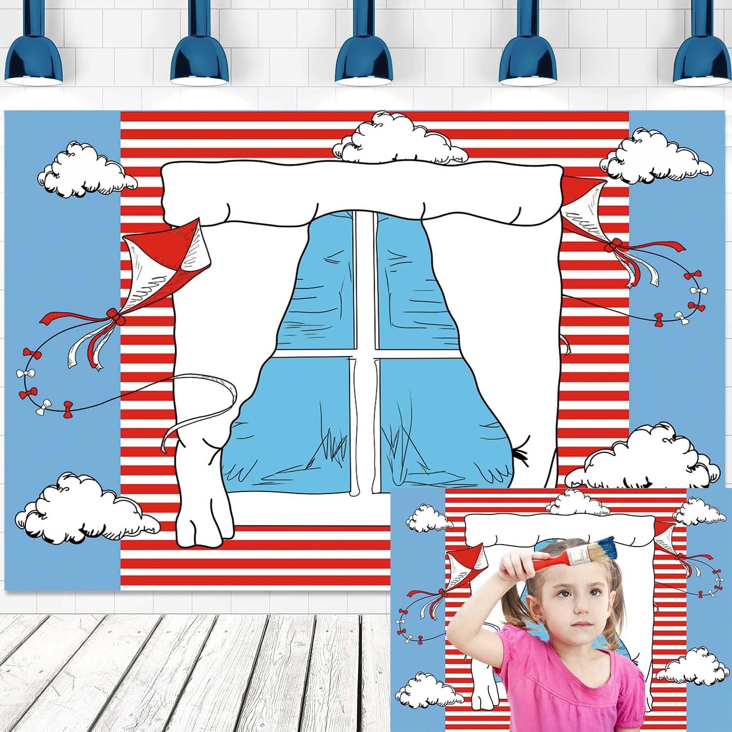 XCKALI Cartoon Window Kite Backdrop Red White Stripes Kid Birthday Photography Party Decoration 7x5FT