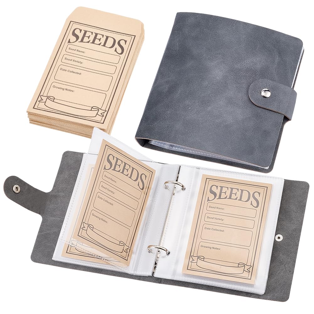 CALFOVERA PU Leather Garden Seed Storage Organizer 25 Sheet Small Leather Seed Saving Binder Book Protector with 25 Clear Pockets and 50 Resealable Paper Envelopes for Vegetable Flowers(Black)