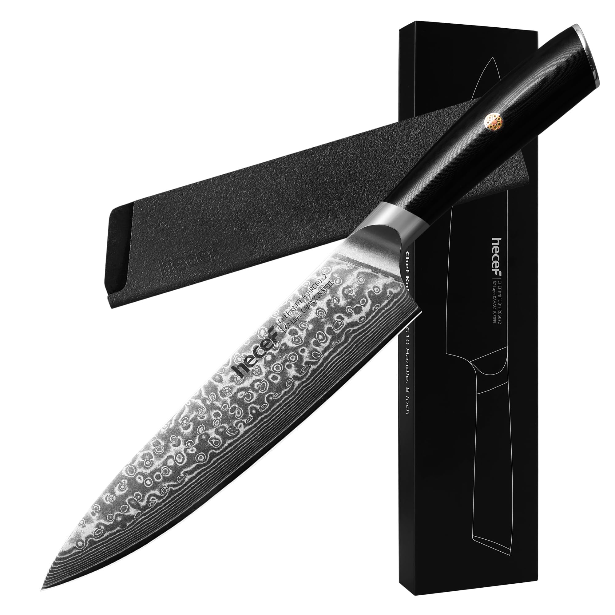 hecef Cuchillo Damasco, Cuchillo Japones Profesional con Mango Ergonómico G10, 67 Capas Cuchillo Acero Damasco con Protector de Hoja, 20 cm Cuchillo Chef, Regalo para Chef y Amantes de la Cocina