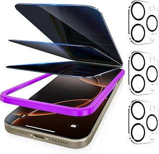Fotbor [3+3 Pack Privacy Screen Protector for iPhone 16 Pro, 26° Anti-Spy & Blue Light Filter Tempered Glass with 3 Camera Lens Protectors, 3X Reinforced, Easy Alignment