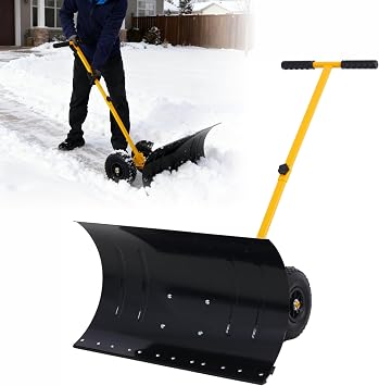 Snow Pusher Shovel for Driveway with Wheels, 29" Wide Sheet Metal Blade & 10" Wheels Heavy Duty Rolling Snow Removal Tool with Adjustable Angle & Height Handle Single Bar, 29"-Yellow