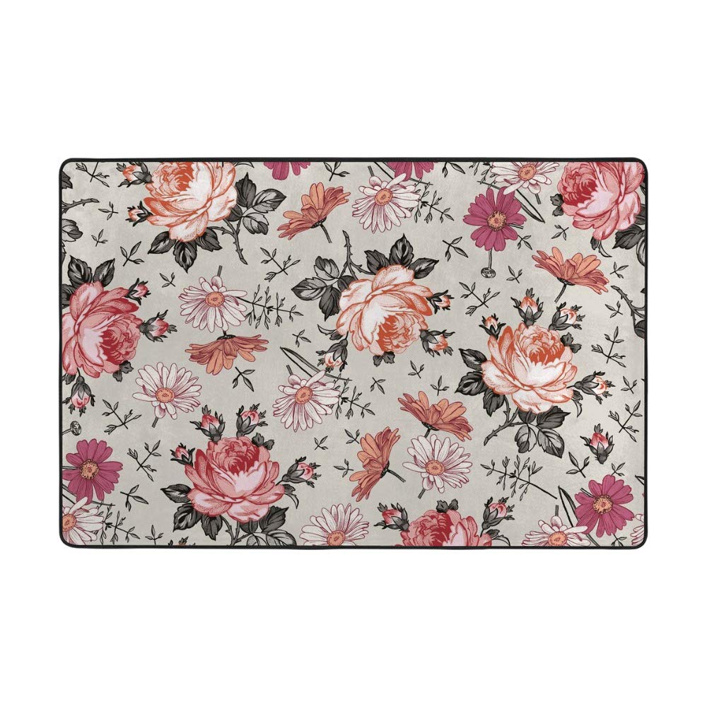 Tapis vintage floral Ruchen anti-froid sol dur velours corail 160x122cm