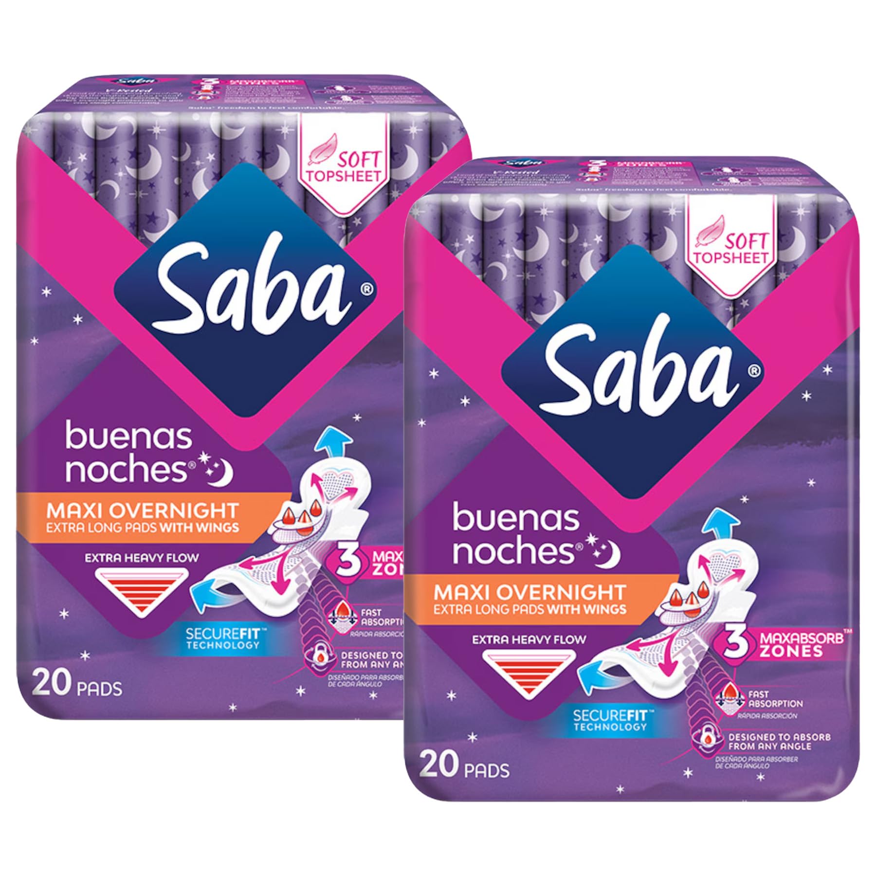 Saba Buenas Noches Maxi Pads, Heavy Flow, with Wings, 2-Pack (40 Count)