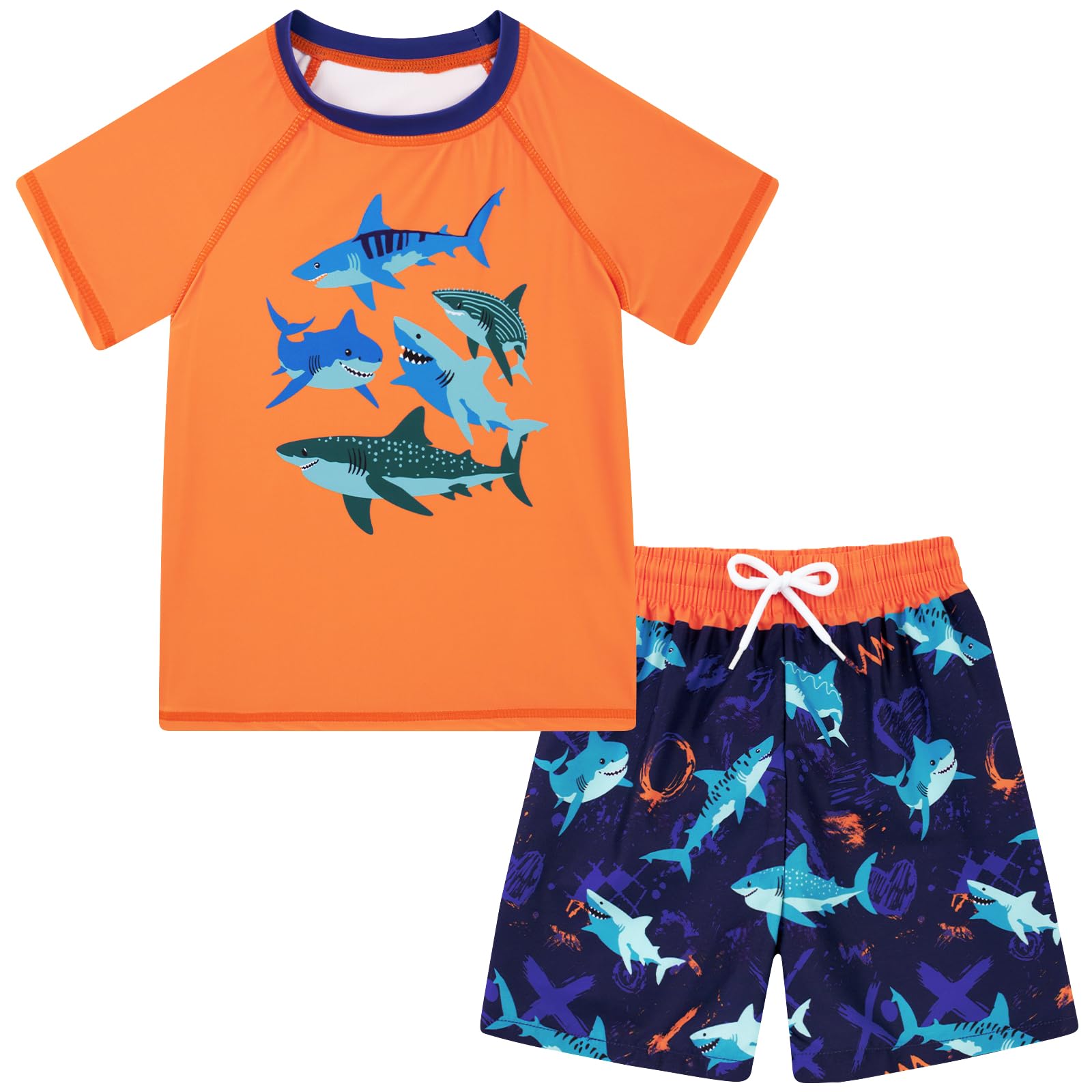 Boys Short Sleeve Rash Guard Swimsuit Set with Swim Trunks for 4-12 Years