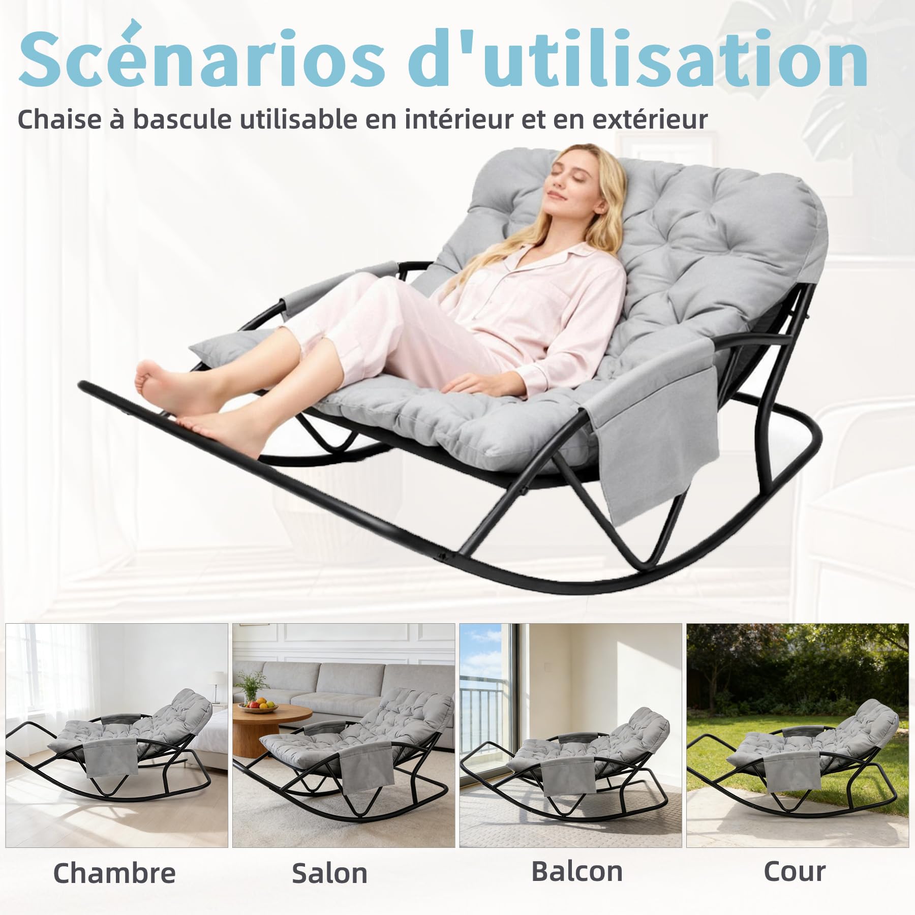 Fauteuil à Bascule Extérieur avec Coussin pour Deux, Support de Pied, Rocking Chair Papasan pour Chambre, Salon, Terrasse, Jardin, Balcon, capacité de Charge 240 kg,Tissu technologique,Gris