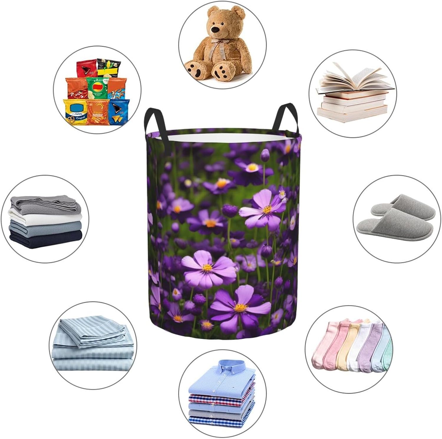 Purple Flowers Print Circular Protable Storage Bin,Basket For Laundry Hamper With Handles Bedroom Clothes