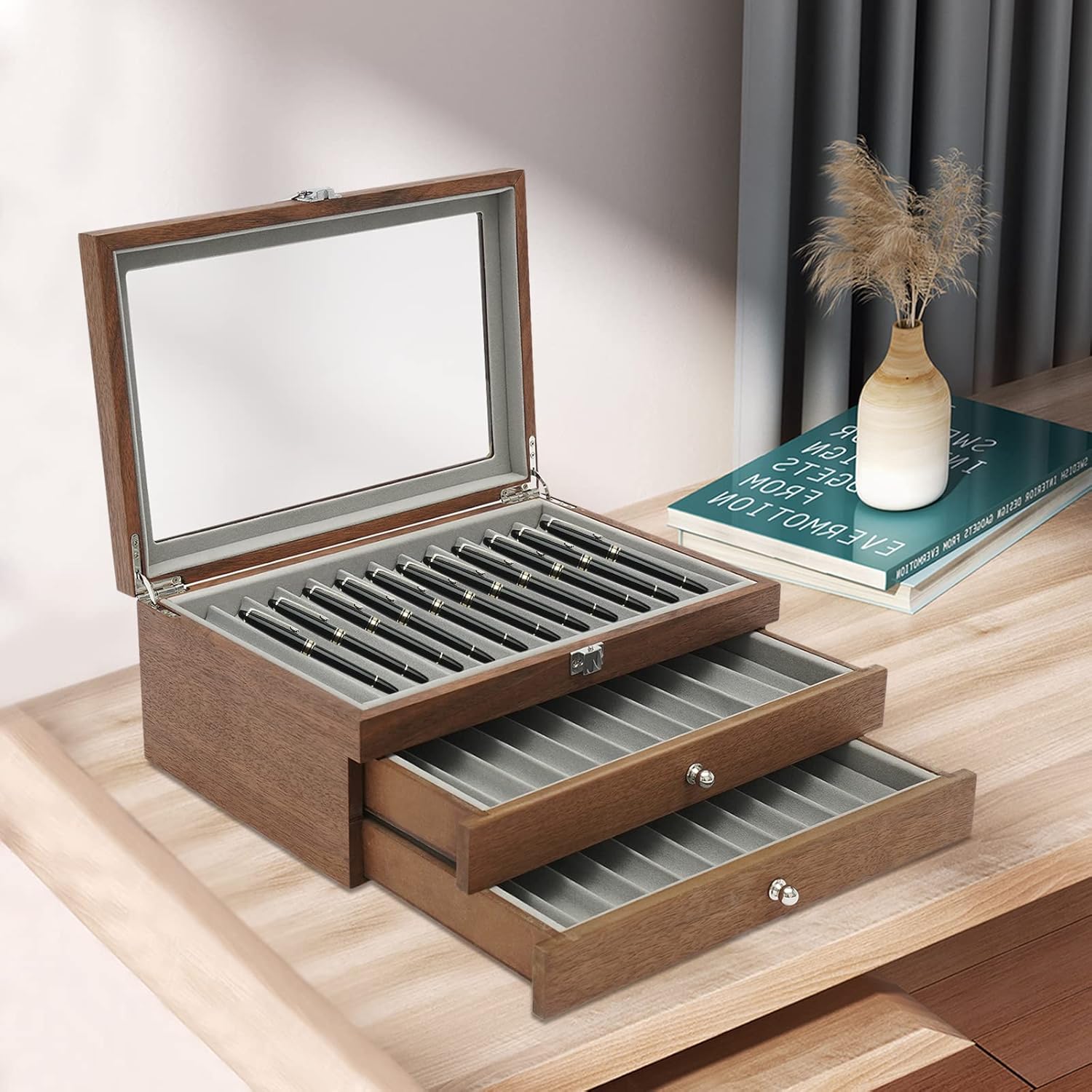3 Layer Wood Pen Display Box, 34 Slots Peach Wood Fountain Pen Organizer Box Pen Display Case Storage Box Top Glass Window Pen Fountain Collection Display Case Collector Box Luxury