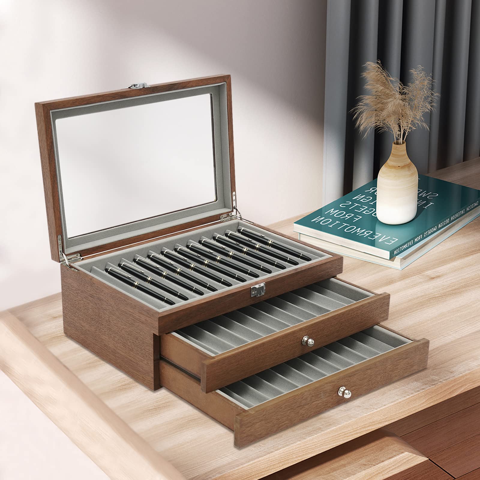 ペン収納 コレクションボックス 大容量 鍵付き 蓋付き ガラス 34ビット 3段 Amazon.com: 34 Slot Pen Display Box, Wooden Pen Storage Box