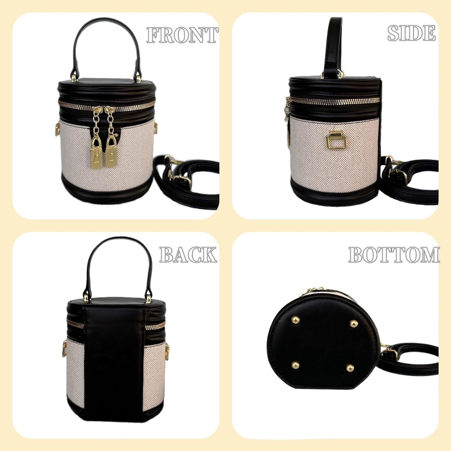 Retro Bucket Bag Color Contrast Cylinder Purse Senior Sense Style Single Shoulder Crossbody Handbag with Zipper - Image 4