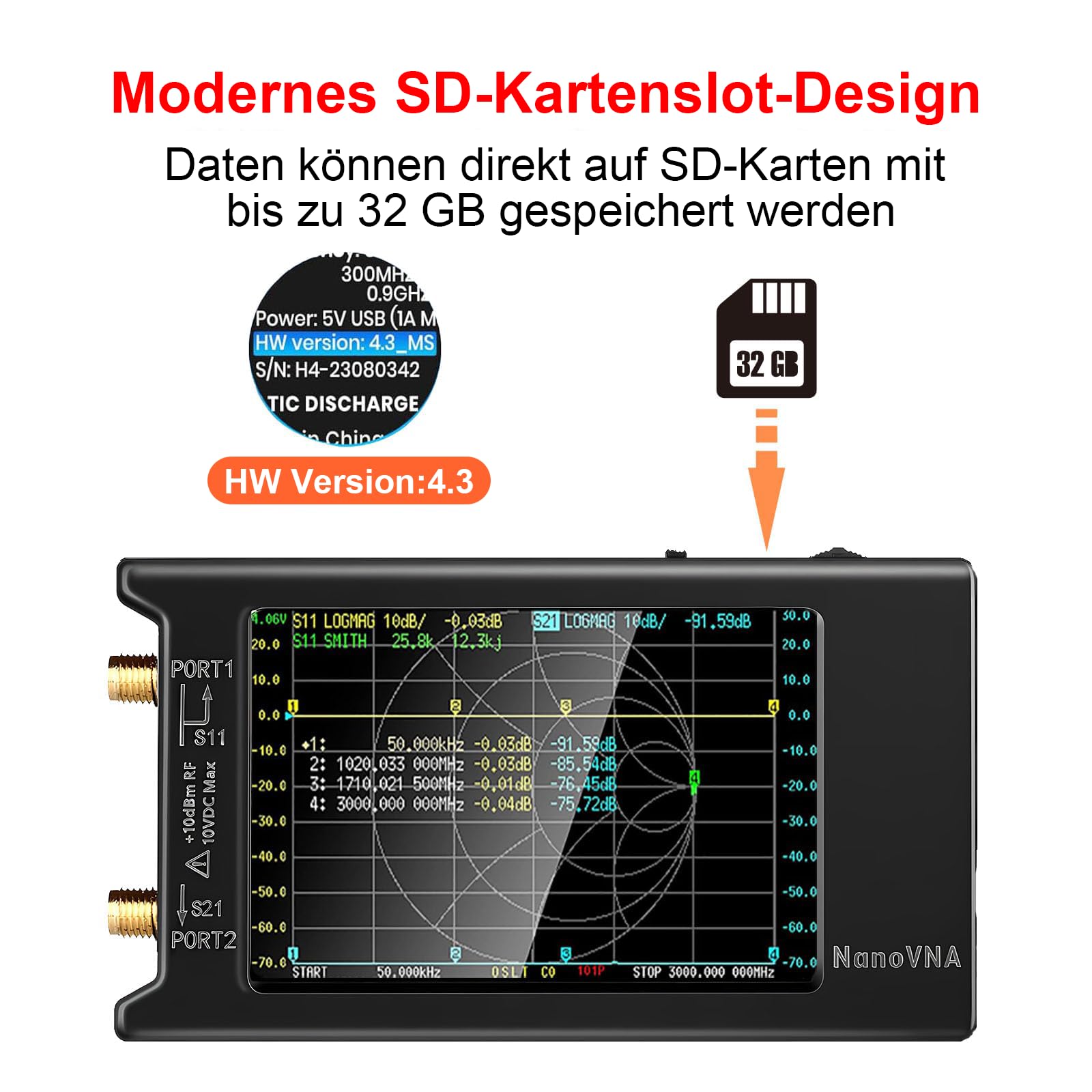 NanoVNA-H4 Vektor-Netzwerkanalysator mit 32GB Karte & 10,16cm (4") Touchscreen, 9 kHz–1,5 GHz HF/VHF/UHF für Smith-Chart, Phase & Verzögerung