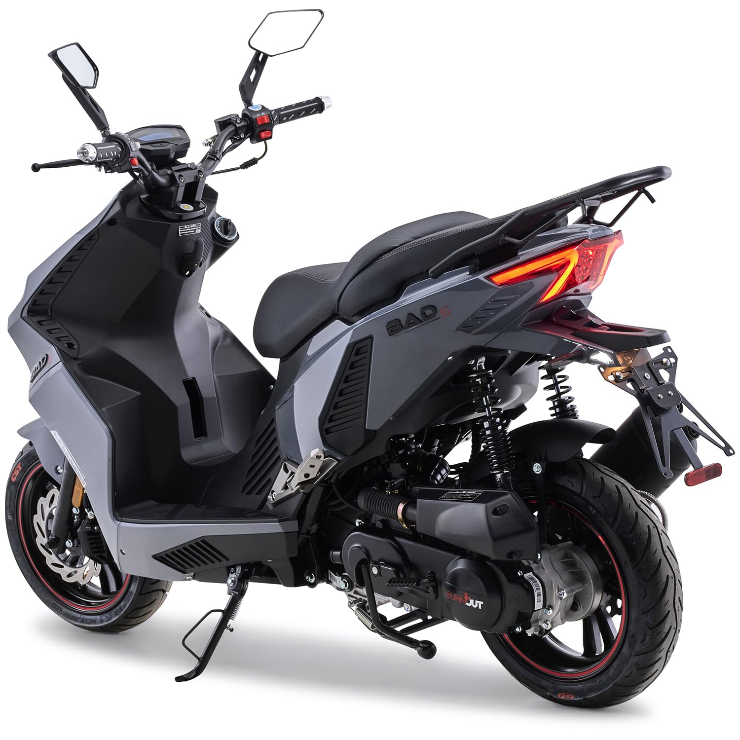 Burnout Motorroller 50 ccm BAD S, Grau, 45 km/h, Euro 5, EFI Einspritzung, Voll-LED, Keyless Go, Alarmanlage, USB-Ladedose, hydraulische Scheibenbremsen v/h