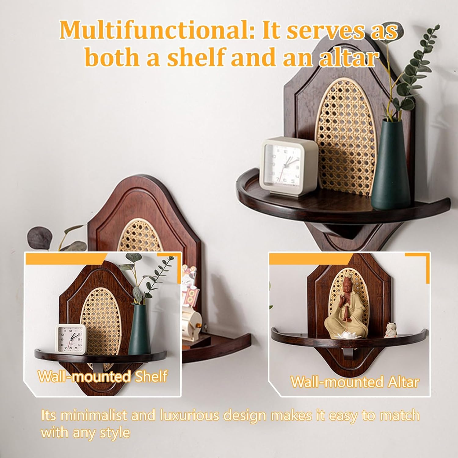 Solid Wood wall-Mounted Buddhist Shrine, Altar Shelf, Worship Table, Vintage Altar cabinets for desktops, for Living Rooms, Shrines(Walnut,17x38cm/6.7x14.9in)