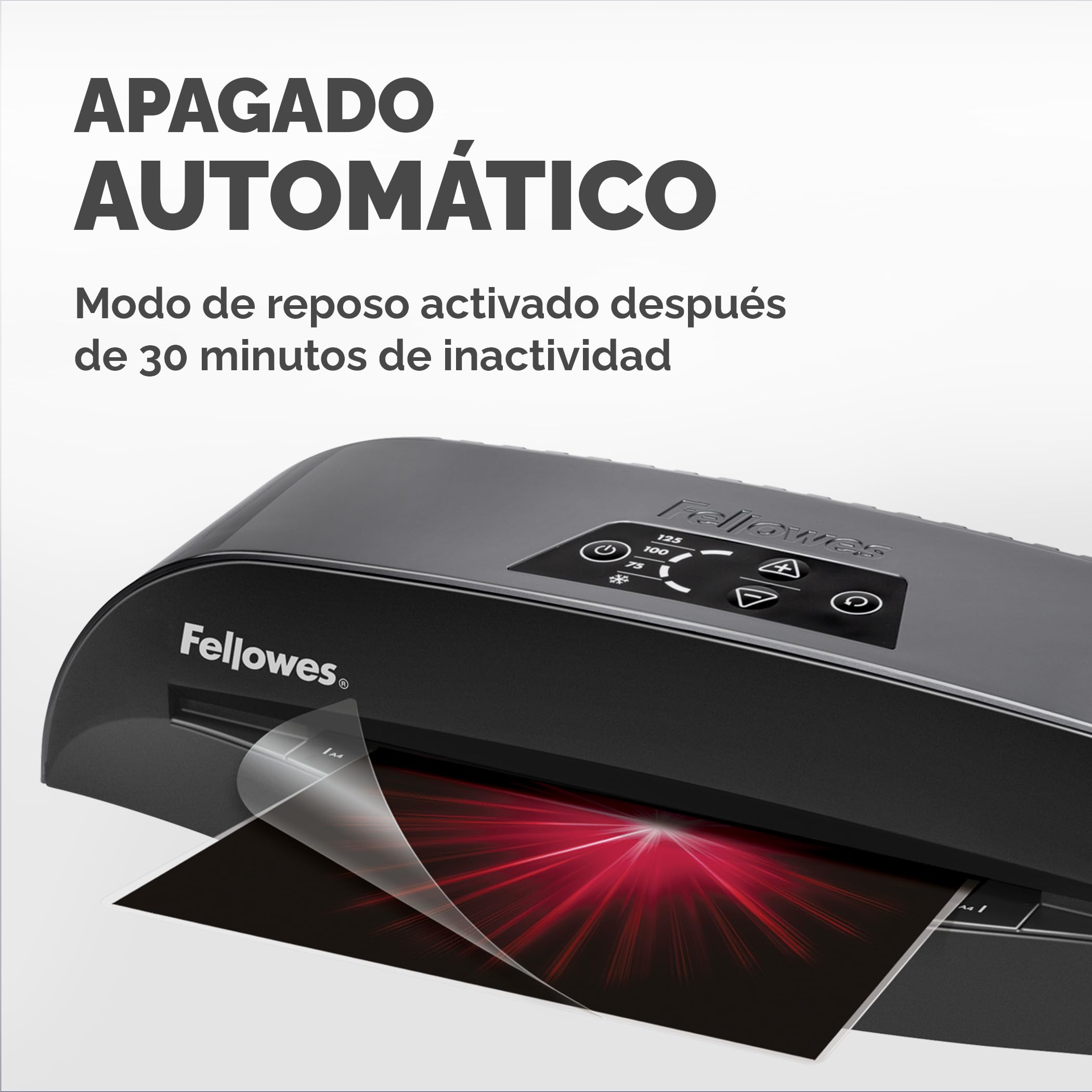 Fellowes Plastificadora A4 Calibre para pequeñas oficinas, 1 minuto de calentamiento con apagado automático y modo de reposo - 80-125 micras, Incluye 10 fundas de plastificación A4, Negro