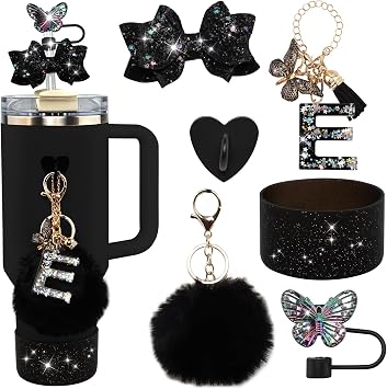 6Pcs Black Stanley Cup Accessories Set - Butterfly Straw Topper Cover Cap, Bling Bow for Straw, Sparkly Silicone Boot, Letter Charm and Pompom for Stanley Cups Tumbler 40Oz 30Oz 20Oz E