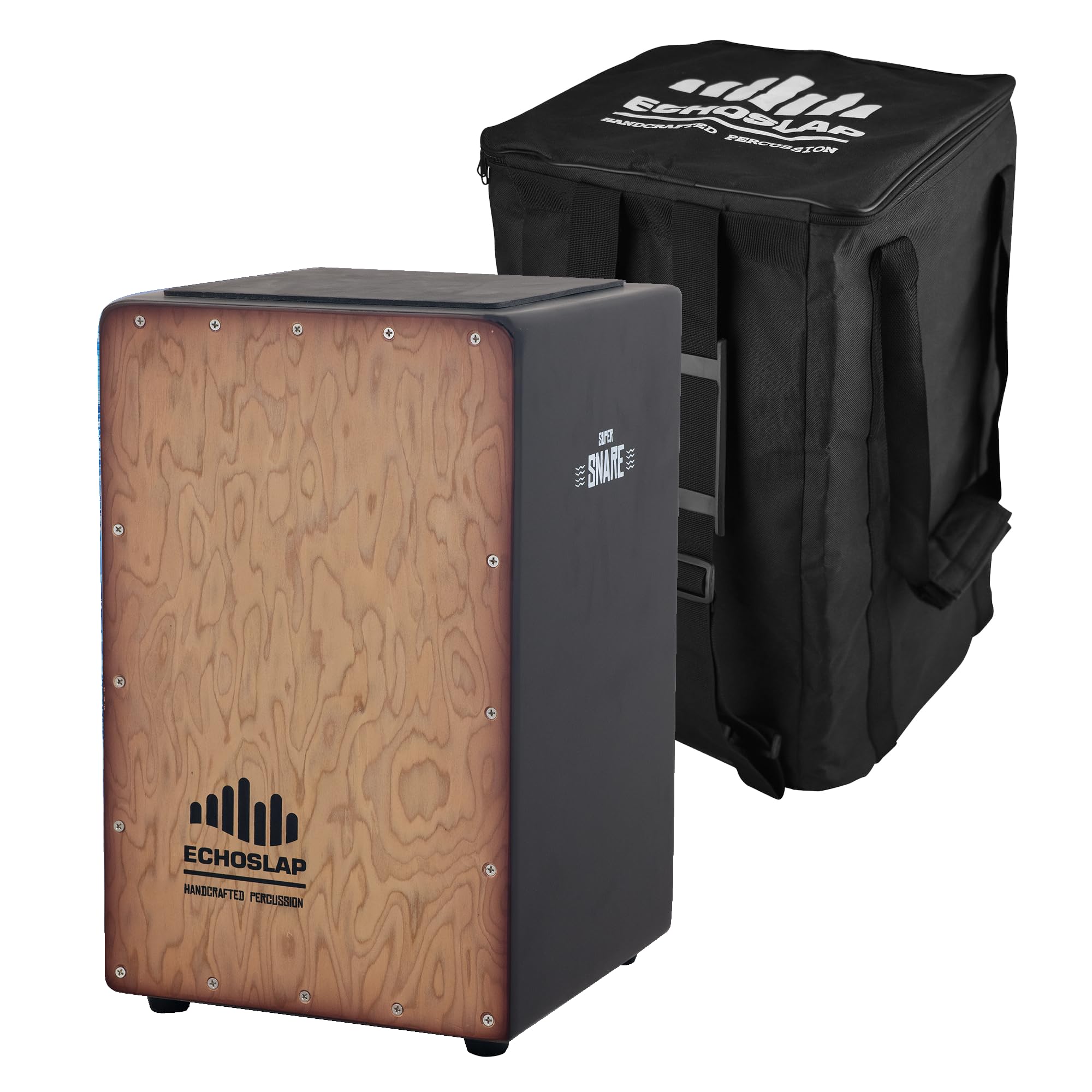 Super Snare Cajon Makal Burl Frontplate with Black Body - Hand Crafted Black Siam Oak Body, 21 Fixed Coiled Snare Wires for Crisp Snare Sound, Deep Resinationg Bass + Free Backpack Gig Bag