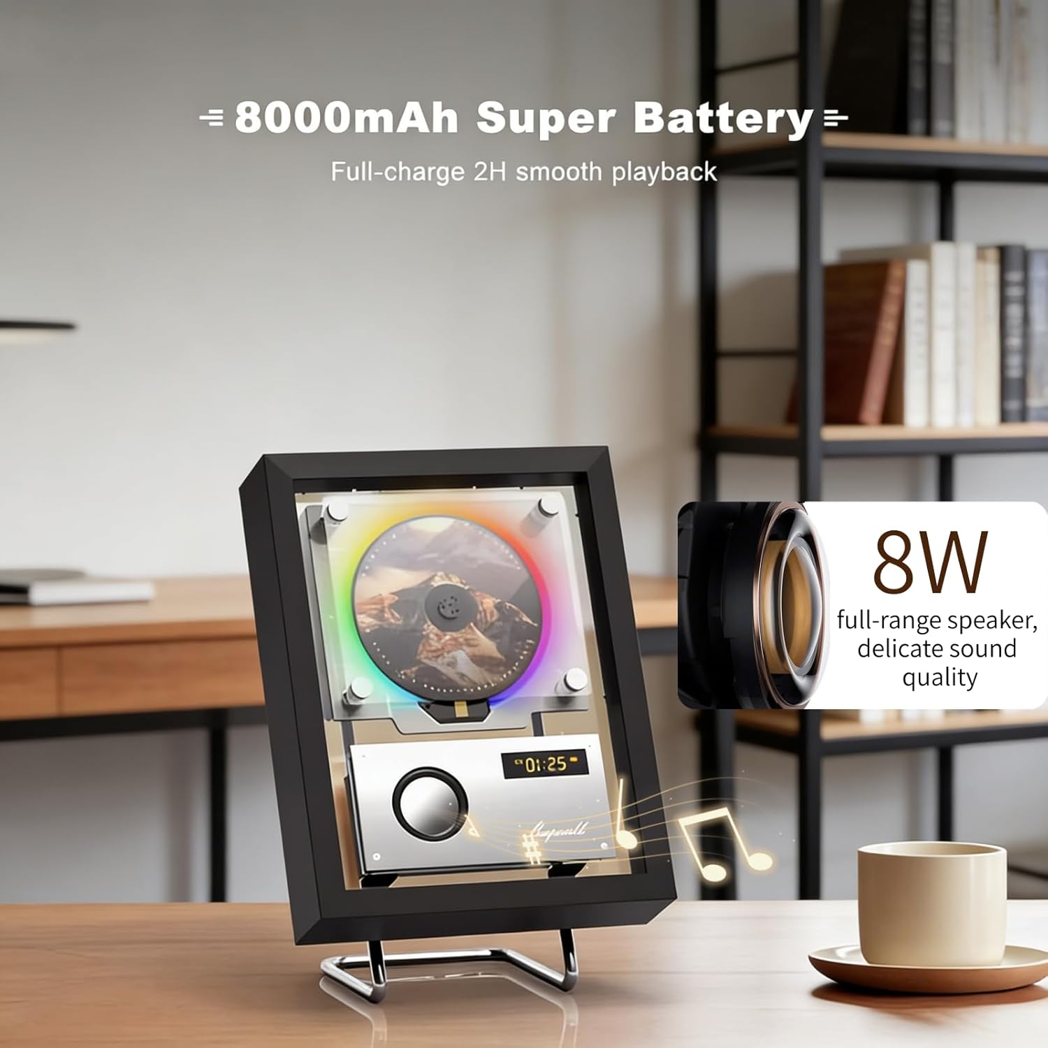 CD Player Photo Frame Vertical CD Player, Wall/Tabletop Dual Use, Built-in Speaker, Digital Display, Remote Control, Cordless Design, Perfect for Birthday Black