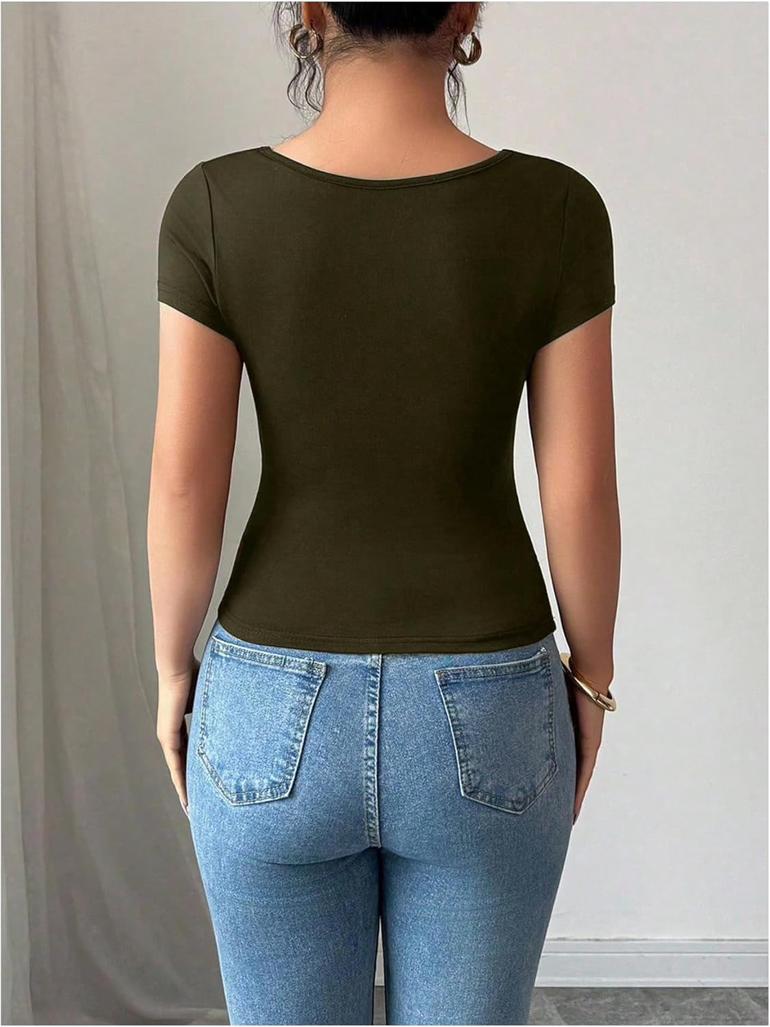 SOLY HUX Women's Square Neck Short Sleeve T Shirt Scallop Ruched Slim Fitted Tee Dressy Summer Tops - Image 2