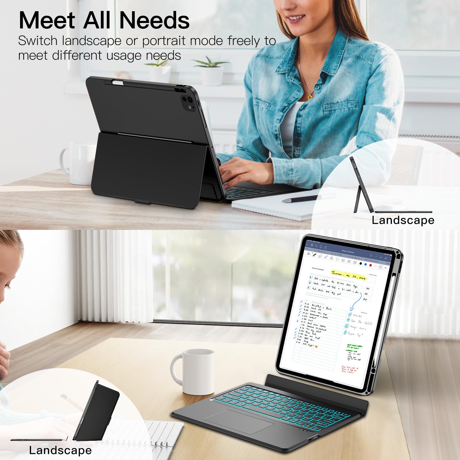 JUQITECH iPad Pro 13 Inch Case with Keyboard M4 2024, iPad Pro 13 Keyboard Case Wireless Backlight Multi-Touch Trackpad Keyboard Magnetic Portrait Kickstand Detachable Soft Case with Pencil Holder