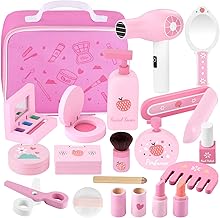 GAGAKU Wooden Children's Make-Up Set Girls Vanity Case Children 16-Piece Make-Up Hairdresser Beauty Set Hairdressing Case Toy for Children Wooden Make-Up Birthday Gift from 3 4 5 6 7 Years