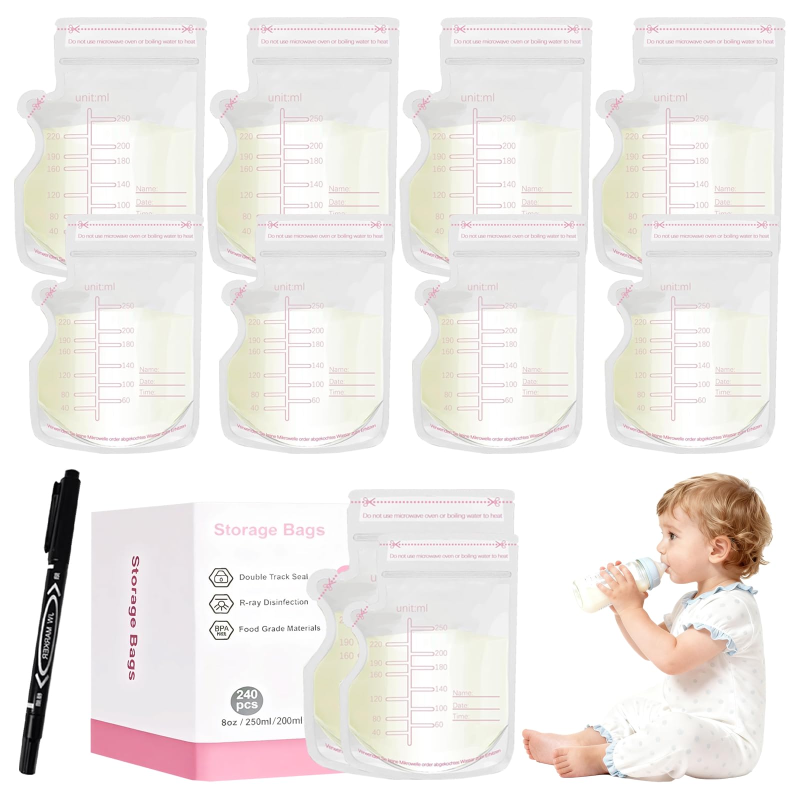 240 Pzas Bolsas para Leche Materna 250ml,Recolector de Leche Materna Doble Sello Antifugas con Bolígrafo,Autoplanchables y Preesterilizadas,Para Congelador,Refrigeración y Recolector de Leche (240PCS)
