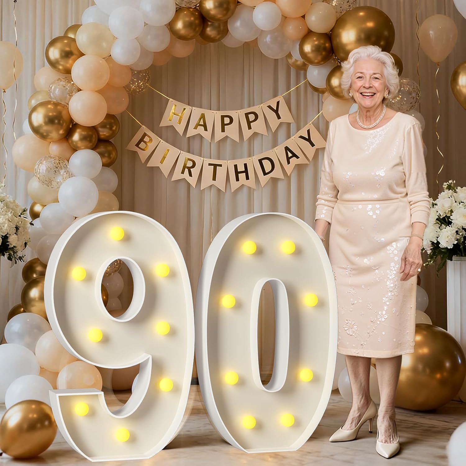 3FT Marquee Number 90 Large Light Up Numbers for 90th Birthday Decorations Big Mosaic Balloon Frame for 90 Year Old Girls Boys Birthday Party Backdrop Anniversary Decor