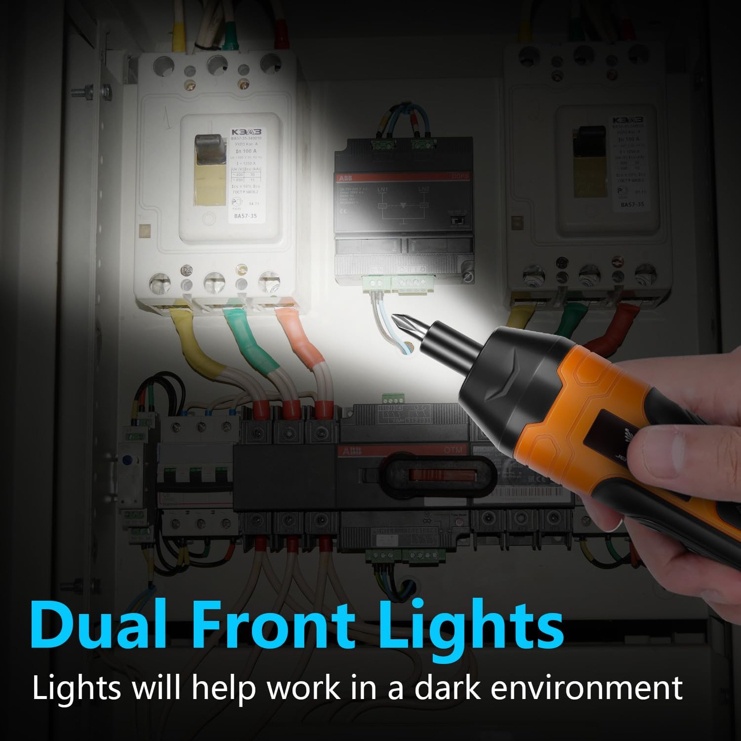 JENABOM electric screwdriver in use, with its integrated LED light illuminating a dark workspace.