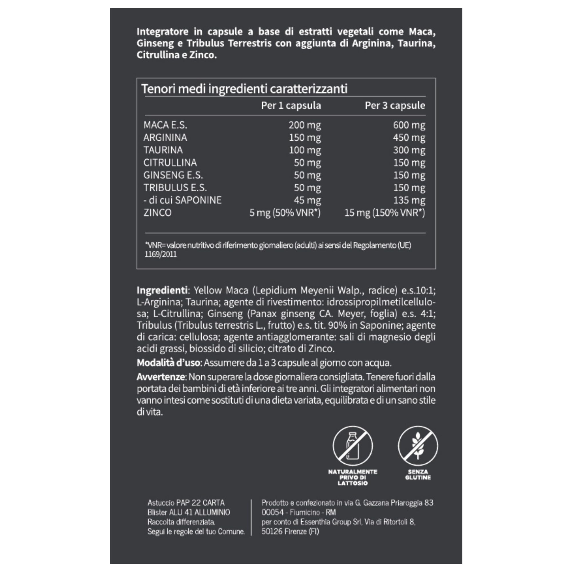 Integratore Uomo ad Azione Rapida per Vigore ed Energia con Maca Peruviana, Tribulus Terrestris, Arginina, Citrullina, Taurina e Zinco