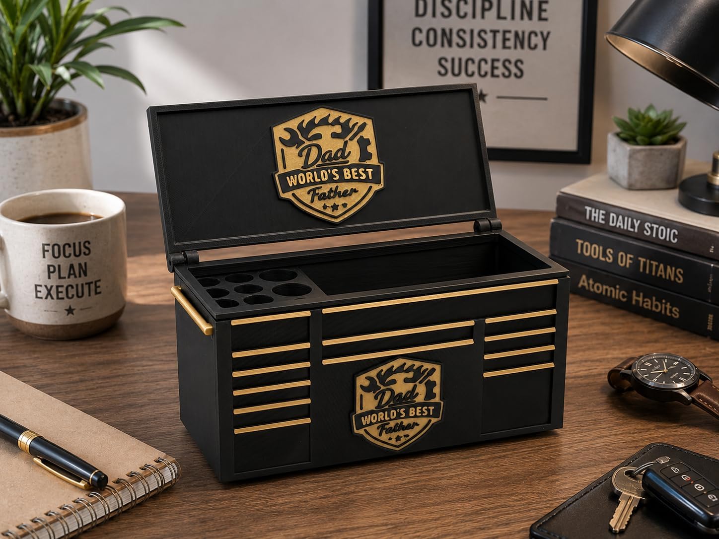 Father’s Day Tool Box Organizer for Dad – 3D Printed Desk & Garage Organizer – Open or Lid Version – Mechanic Style Storage Box Gift for Dad (World's Best Father)